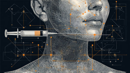 This striking image features an abstract depiction of a syringe poised near a human face, interwoven with intricate digital elements representing innovation and medical science.の素材