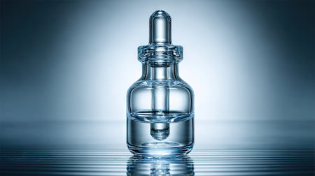 A striking image of a clear glass dropper bottle filled with liquid, displayed on a smooth surface. The soft blue light enhances the elegance, making it ideal for beauty or health product promotions.の素材