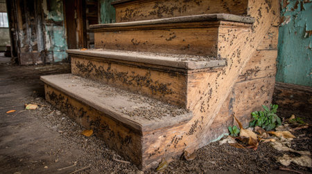 This image features a weathered wooden staircase in an abandoned building, showcasing signs of neglect, dust, and nature's reclaiming touch in a forgotten space.の素材