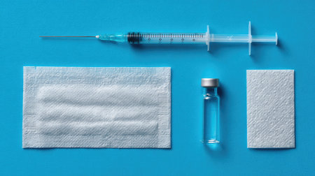 A medical syringe, vaccine vial, and cotton swabs are arranged on a vibrant blue background, highlighting essential healthcare supplies for safe injections.の素材