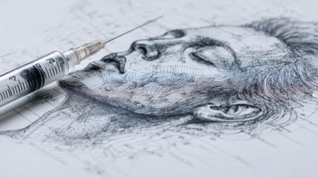 This striking artwork features a serene face drawn in fine detail alongside a syringe, symbolizing the intersection of beauty and health, evoking reflection and emotion.の素材