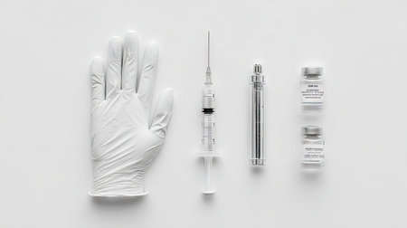 A collection of essential medical supplies including a sterile syringe, vials, and a latex glove arranged neatly on a clean surface. Perfect for healthcare settings.の素材