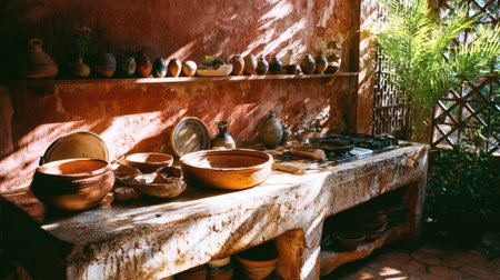 A warm and inviting rustic kitchen filled with handmade pottery and bathed in natural light, surrounded by vibrant green plants, creating a serene atmosphere.の素材