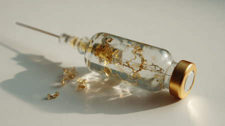A clear glass vial filled with sparkling gold flakes lies next to a syringe on a soft surface, perfect for wellness or luxurious beauty concepts.の素材