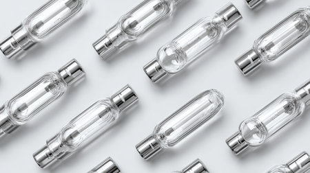 A visually striking arrangement of elegant clear glass bottles with silver caps on a light background, ideal for minimalistic product photography and creative displays.の素材