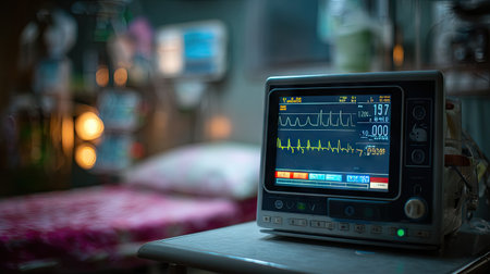 A bedside monitor displaying vital signs in a softly lit intensive care unit setting, highlighting patient health and advanced medical technology.の素材