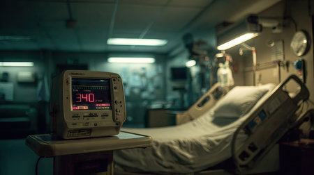 A medical monitor shows vital signs in a dimly lit hospital room with an empty bed. This image captures the essence of healthcare technology and patient care.の素材