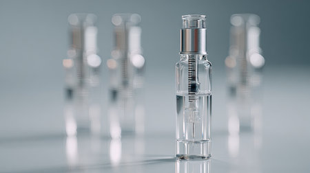 A sleek and elegant serum bottle stands in focus, showcasing a clear liquid inside, surrounded by softly blurred similar bottles. Ideal for beauty and skincare themes.の素材