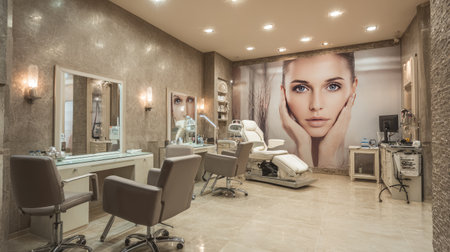 A chic beauty salon featuring a modern aesthetic with stylish furnishings and professional equipment, creating a tranquil atmosphere for skincare and pampering services.の素材