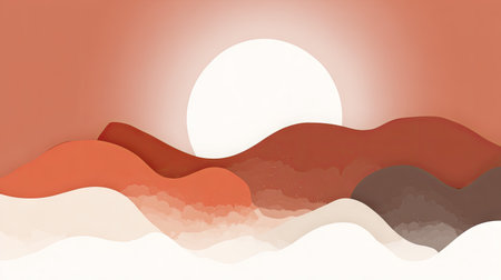 A serene abstract landscape featuring soft curves and a glowing sun, set in warm earthy tones. Ideal for backgrounds, art projects, and more.の素材