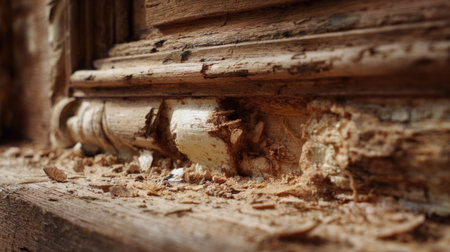 This image captures a detailed close-up view of weathered wooden trim displaying signs of damage and wood dust in soft natural lighting, highlighting decay.の素材