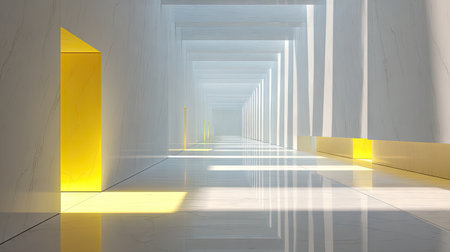 This image showcases a modern minimalist hallway featuring bright yellow accents and natural light, creating a serene and elegant atmosphere.の素材