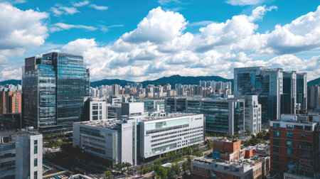 Stunning urban landscape showcasing a modern skyline under a bright blue sky. The scene includes clouds and mountains, emphasizing city life.の素材