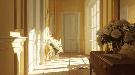 A beautifully designed hallway bathed in soft sunlight, featuring an elegant flower arrangement and inviting decor that enhances the peaceful atmosphere.の素材