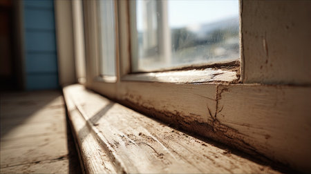 A detailed close-up view of a weathered wooden window sill bathed in natural sunlight, highlighting textures and warm tones that evoke tranquility and comfort.の素材