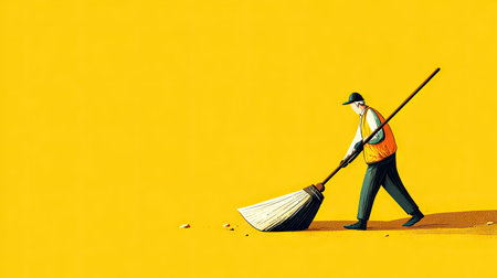 A diligent worker is seen sweeping the ground with a large broom against a vibrant yellow background. This minimalist scene emphasizes the importance of cleanliness and maintenance in urban environments.の素材