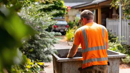 A dedicated construction worker in an orange vest is engaged in a landscaping task in an urban setting, surrounded by lush greenery and a parked vehicle.の素材