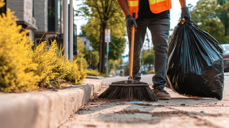 A focused individual cleans a sidewalk in an urban area, using a broom and trash bag, highlighting community responsibility and the importance of cleanliness.の素材