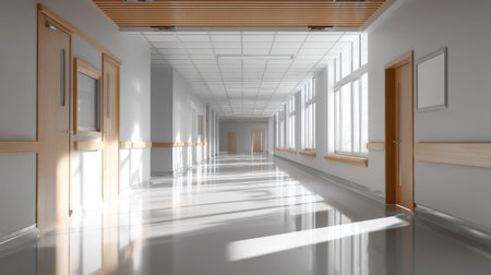 A bright and spacious hospital corridor featuring large windows that allow natural light to illuminate the modern interior design. The clean environment showcases the tranquil and inviting atmosphere ideal for healthcare facilities.の素材