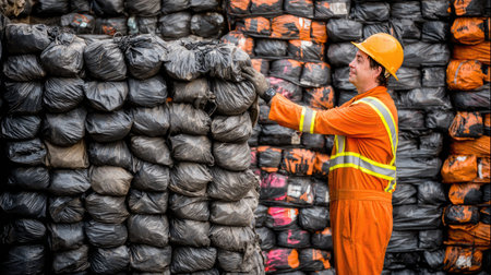 A diligent worker in safety gear is seen organizing bales of waste material in an industrial recycling facility, highlighting sustainability efforts.の素材