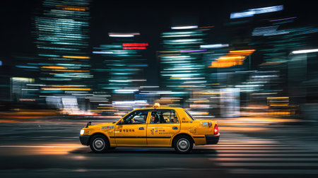 A vibrant yellow taxi speeds through a bustling city at night, illuminated by dazzling neon lights and creating a sense of urban dynamism and energy.の素材