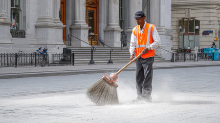 A dedicated street cleaner dressed in an orange safety vest meticulously sweeps dust from a city pavement, showcasing commitment to urban cleanliness.の素材