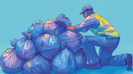 A dedicated man wearing a safety vest is kneeling next to a pile of trash bags during a clean-up event, showcasing community effort in waste management.の素材