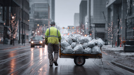 An urban worker pushes a cart filled with trash bags through snowy city streets, highlighting the importance of sanitation and community services during winter.の素材