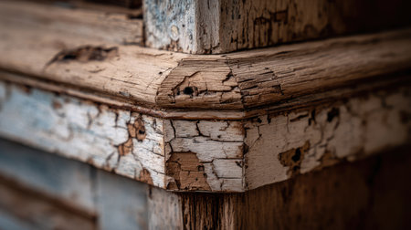 This close-up image features the intricate details of a weathered wood corner showcasing peeling paint, textured surface, and rustic charm.の素材