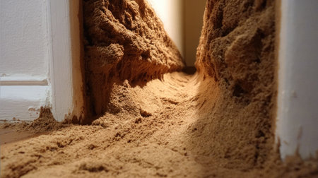 An artistic view of sand collecting in a hallway, inviting curiosity and contemplation about the interplay of nature and indoor environments.の素材