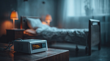 A vintage alarm clock rests on a nightstand in a dimly lit bedroom, surrounded by soft ambient light that creates a cozy and serene atmosphere.の素材