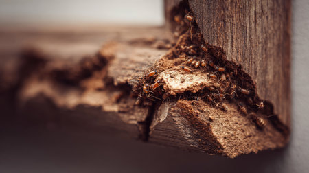 This image captures a close-up view of termites infesting a wooden structure, showcasing the intricate details of damage and decay in an interior setting.の素材