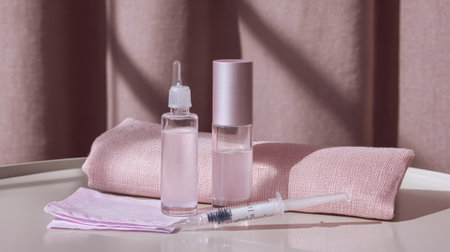 A tranquil beauty arrangement featuring a skin serum, soft textiles in pink, and a syringe, perfect for wellness, self-care, and skincare routines.の素材
