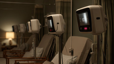 A quiet hospital room featuring advanced medical equipment with monitors displaying vital signs, illustrating a focus on patient care and comfort.の素材