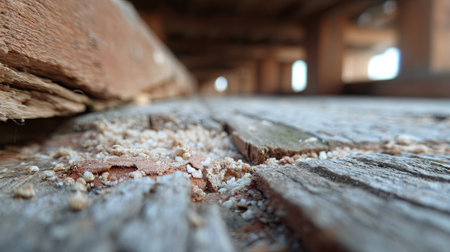 A detailed close-up of a weathered wooden floor showcasing salt crystals. The blurred background creates a serene atmosphere, focusing on the beauty of natural elements.の素材