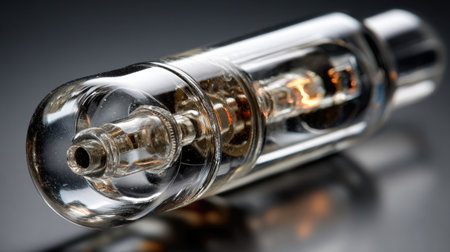 A striking macro shot of a clear vape pen highlighting its intricate glass design and inner mechanism. This modern e-cigarette represents contemporary vaping technology and lifestyle choices.の素材