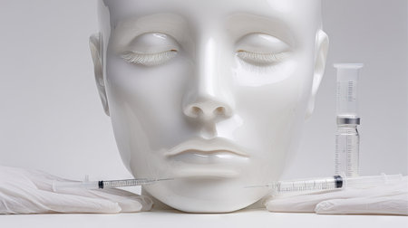 A clean white mannequin face with syringes and a vial, illustrating concepts of aesthetic procedures and skincare solutions in a clinical setting.の素材