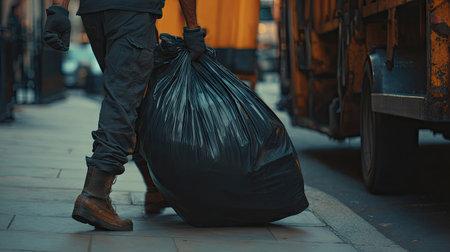 A sanitation worker is seen collecting a large black trash bag near a garbage truck in a bustling urban setting, highlighting the importance of waste management.の素材