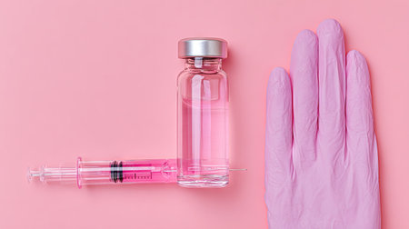 A medical syringe and a glass vial filled with pink liquid showcase essential healthcare elements against a soft pink background, symbolizing safety and treatment.の素材