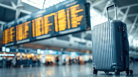 A sleek silver suitcase sits prominently in a bustling airport terminal, with an illuminated flight information board in the background, capturing the essence of travel.の素材