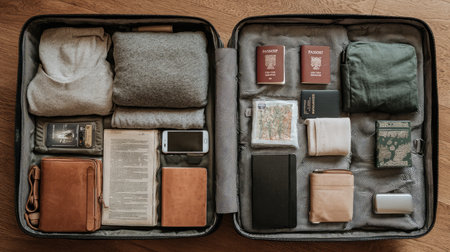 A well-organized suitcase prepared for travel, showcasing neatly folded clothing, essential documents, and personal items to ensure a hassle-free journey.の素材