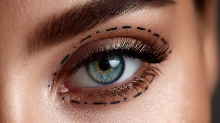 This close-up image showcases a beautifully styled eye featuring artistic eyeliner accents and dramatic lashes, perfect for beauty and fashion themes.の素材