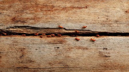 A detailed close-up of tiny ants moving through a crack in a weathered wooden surface, highlighting the intricate texture and natural lighting.の素材