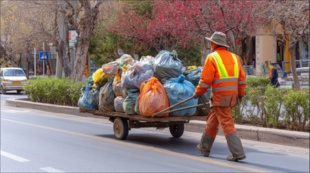 A diligent worker pushes a cart overflowing with vibrant trash bags along a city street, showcasing the importance of waste management in urban environments.の素材