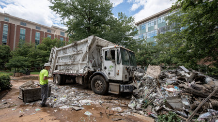 A garbage truck is seen collecting debris in a city park, surrounded by lush trees and buildings. The scene illustrates urban waste management efforts.の素材