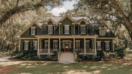 A stunning classic Southern home featuring elegant architecture, a welcoming porch, and surrounded by lush greenery, perfect for serene living moments.の素材