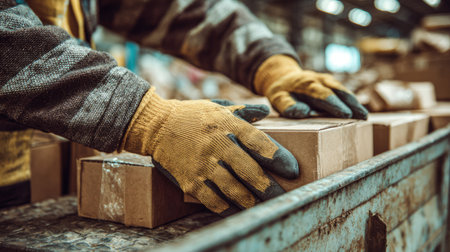 A focused worker in gloves carefully arranges cardboard boxes in a bustling warehouse, showcasing the essential process of order fulfillment and inventory management.の素材