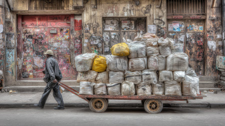 A striking urban scene captures a person pushing a cart filled with packaged items through a vibrant street adorned with artistic graffiti, reflecting daily life and culture.の素材