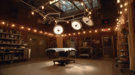 A modern surgical operating room is illuminated by bright overhead lights, showcasing a clean and sterile environment ideal for various medical procedures. The room features essential surgical equipment and a well-organized layout, emphasizing patient safety and clinical excellence.の素材