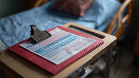 A clipboard holds a medical chart beside a hospital bed, symbolizing patient care in a healthcare setting. This image captures the essence of clinical documentation and bedside support.の素材